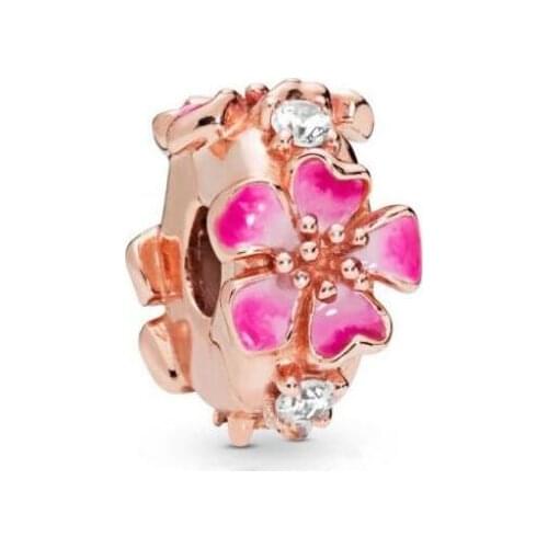 Genuine 925 Sterling Silver Bead Charm Rose Peach Blossom Flower Clip Stopper Beads Fit Pan Bracelet & Necklace Diy Jewelry