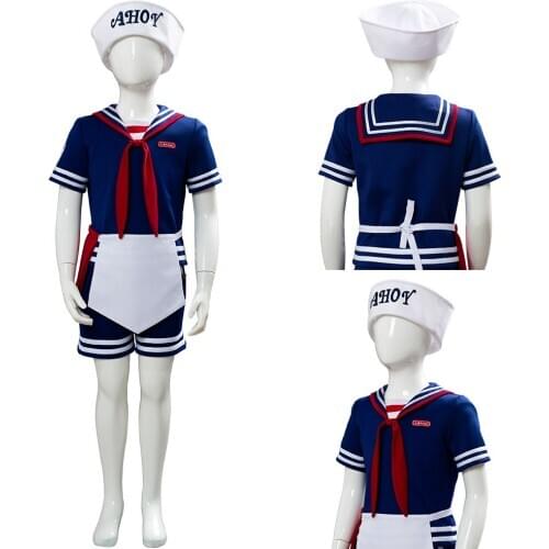 Kids Child Stranger Cosplay Things 3 Scoops Ahoy Steve Harrington Cosplay Costume Working Uniform Sailor Suit Halloween Carnival