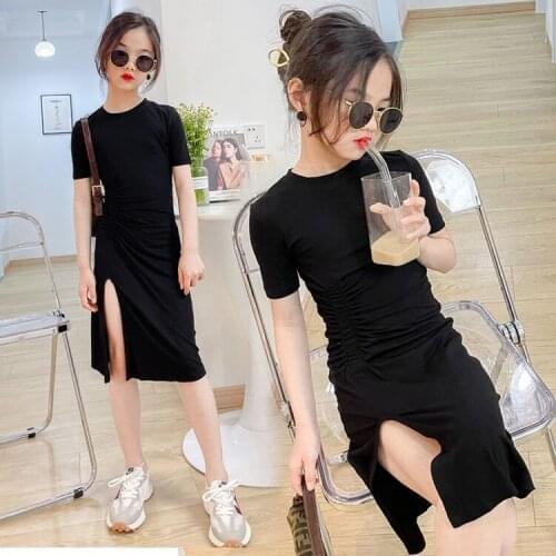 Korean side split dress knee length summer short sleeve vestidos kids clothes toddler princess dresses streetwear 4 to 14 yrs
