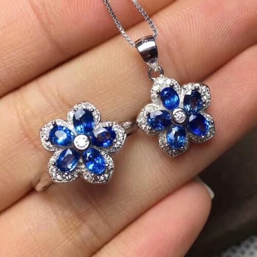 925 sterling silver inlaid with natural sapphire suits, rings, necklaces, luxury, fashion, exquisite jewelry, no burning sapphir