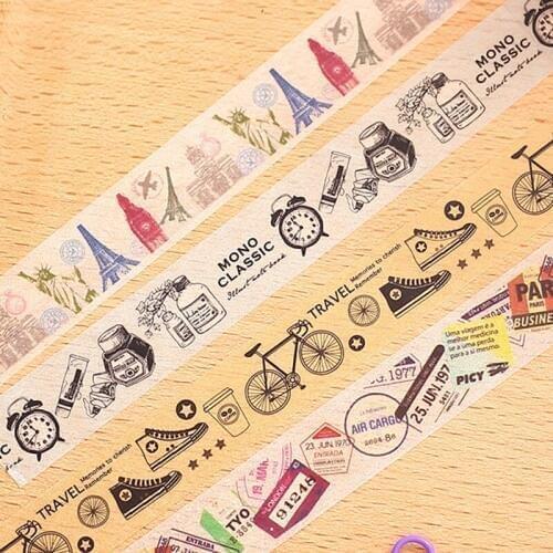 Beautiful HAPPY TRAVEL washi paper tape/15mm*10m BICYCLE/STAMP/MOND CLASSIC/SCENIC SPOT diy masking washi tape