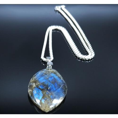 Stainless Steel Labradorite Pendant cabochon Irregular shape strong shine labradorite pendant Necklaces Jewelry joyeriaNG70S04