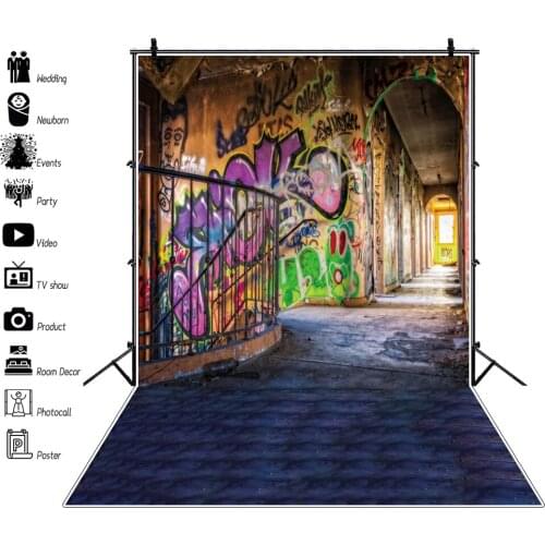 Laeacco Old Vintage Graffiti Grunge Wall Corridor Dark Blue Floor Photography Background Photo Backdrop Photo Studio Photocall