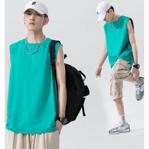 Summer New Korean Fashion O-Neck Mens Tank Tops 100% Cotton Soft Loose Oversize Sleeveless Tops Black Lake Green