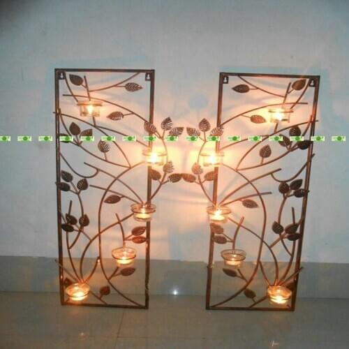 85cm 2set Metal Wall Mount Artificial Plant Leaf Candle Holder Stand Glass Bottle Wedding Home Office Furniture Decor Black