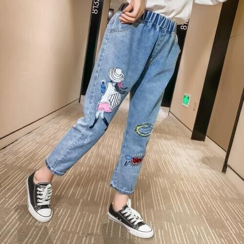 Cute Kids Pants Cartoon Girls Patch Jeans for Kids Girls 4 5 6 7 8 9 10 11 12 13 Years Children Clothes Casual Denim Pants 2020