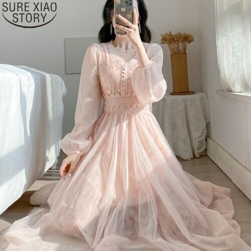 Women Button Puff Sleeve Pink Dress Sweet Mesh Lace Dress Elegant V-neck A-line High Wasit Dresses Mid-calf Vestidos Mujer 12915