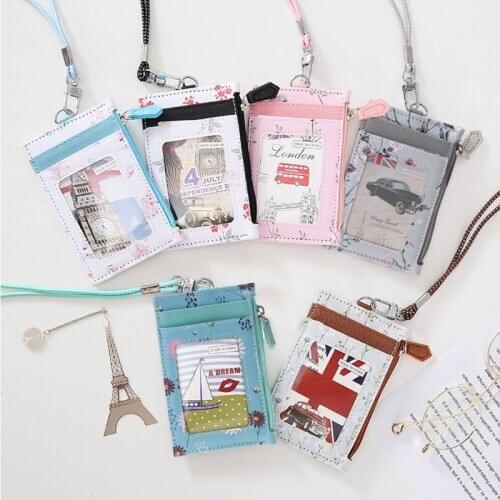 Portable Leather ID Badge Card Holder Case ipper Coin Pocket Purse Office Work with Neck Lanyard