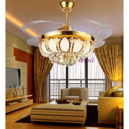 Ceiling Fans K9 crystal Electroplate Golden luxurious LED Fans light Invisible fan blade telecontrol adjustable 42 inch 107cm