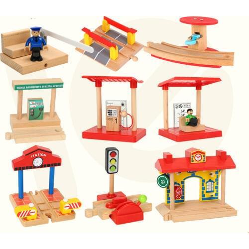 SAMOHTOY New Wood Railway Small Gas Station Train Cross Road Slot Accessories Original Toy Kids Xmas Gifts Fit Thom as BIRO Toys