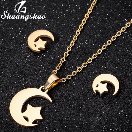Shuangshuo Little Star And Moon Ear Studs Necklaces Star Earrings for Women Minimalist Stainless Steel Jewelry Birthday Gifts