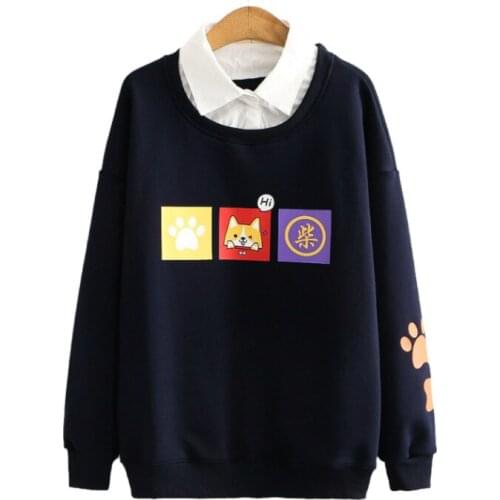 Fleece Women Warm Hoodies Cartoon Print Turndown Collar Patchork Fake 2 Piece Sweatshirt Long Sleeve Cute Pullover For Teen Girl