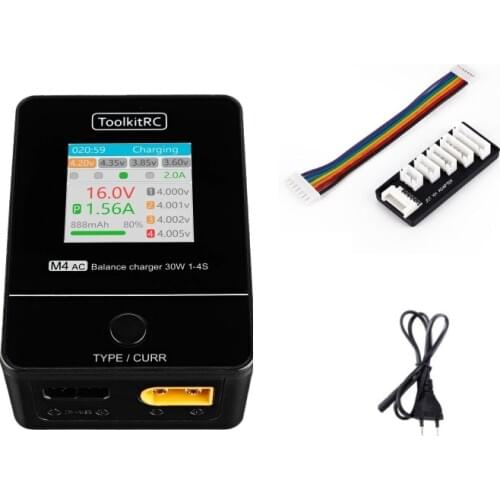 ToolkitRC M4AC 30W LiPO LiFE LiHV Compact AC Charger 1-4S XT30/ XT60 Interface for RC Model FPV Racing Freestyle Drone Batteries