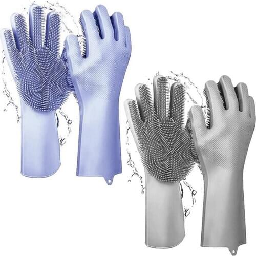 Thickening Silicone Kitchen Cleaning Dishwashing Gloves with Brush Protect Glove