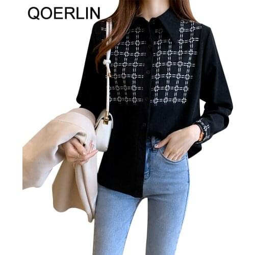 QOERLIN Plus Size Soft Stitching Plaid Blouse Women Vintage Full Sleeve Turn-Down Collar Loose Casual Shirt Jacket Ladies S-2XL