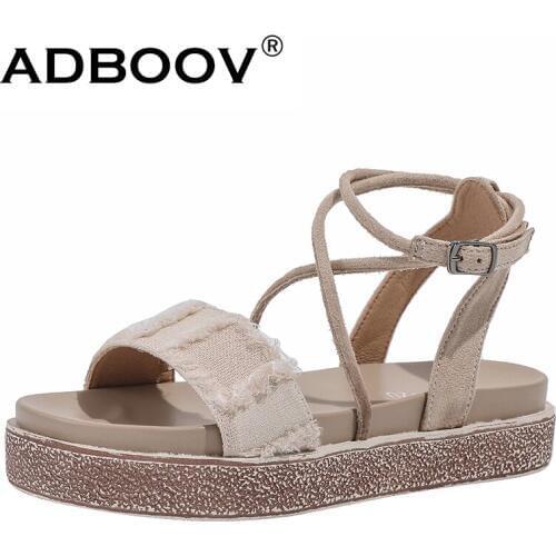 ADBOOV New Platform Women Sandals Flat Canvas + Suede Upper Open Toe Gladiator Sandals Ladies Buckle Roman Summer Shoes Woman