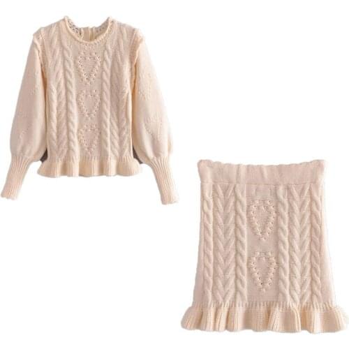 XIKOM 2021 Women High Quality Solid Color Lantern Sleeve Sweater Short Skirt Knitted Suit Female Vintage Ruffle Sweet Knitted Su