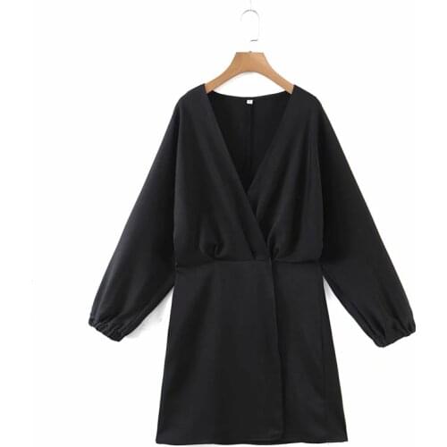 Merodi Women Casual V-Neck Long Sleeve Black Mini Dress Girls Elegant Inside Bow Lace Up Buttons High Waist Chic Dresses