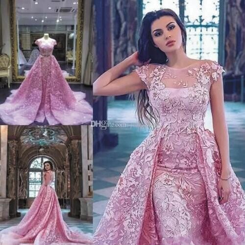 SuperKimJo Detachable Skirt Prom Dresses Vestidos De Fiesta De Noche Pink Lace Applique 3D Flowers Elegant Luxury Prom Gown