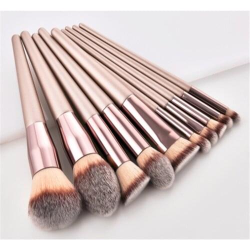 10pcs wood handle synthetic hair champagne handle makeup brush set private label personalized make up brushes