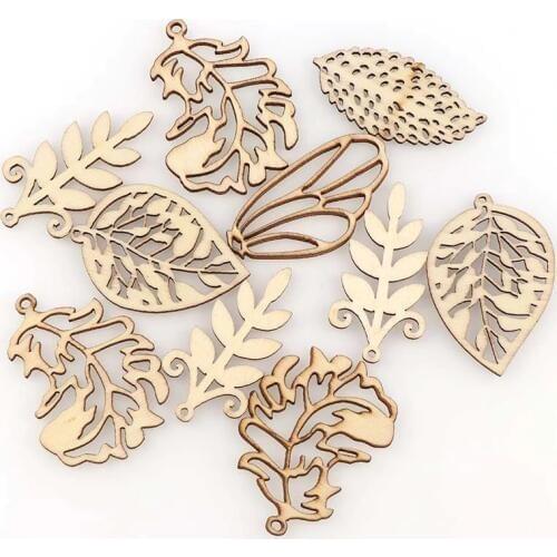 10Pcs DIY Wooden mixed leaf wood chips pendant Embellishments Crafts Scrapbooking Supplies Hand-made Graffiti Buttons