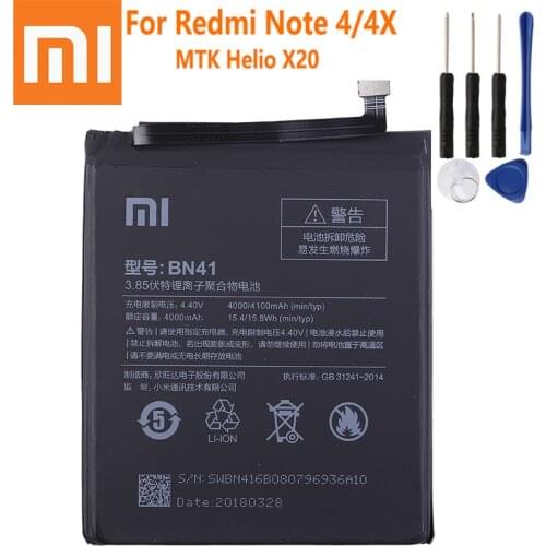 100% Original Xiaomi Redmi Note 4 Note4X Phone Battery BN41 4100mAh For Xiao mi Hongmi Note4 / Redmi Note 4X MTK Helio X20