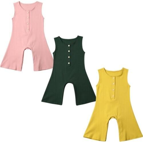2019 Infant Baby Girl Solid Color Flare Bell Bottom Sleeveless Romper Jumpsuit Set Size 0-24M