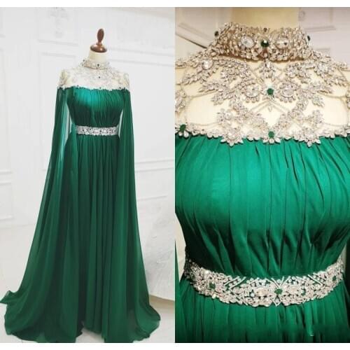 2020 Arabic Green Long Evening Dresses Bead Crystal Prom Dress Chiffon Sexy Formal Party Second Reception Gowns robes de soiree