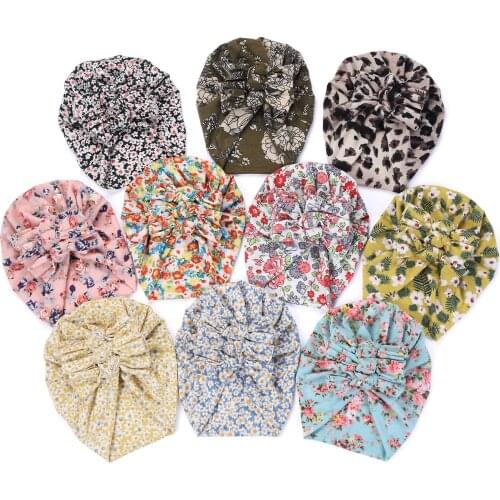 2021 Baby Bowknot Beanie Top Knot Crochet Knit Baby Girl Turban Hat Spring Autumn Flower Print Infant Toddler Cap Hat Headwraps
