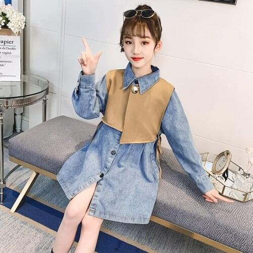 2021 Spring Autumn New Design Teens Grils Denim Dresses Kids Fashionable 5-14 Years Old Girl Clothing Vestido De Menina