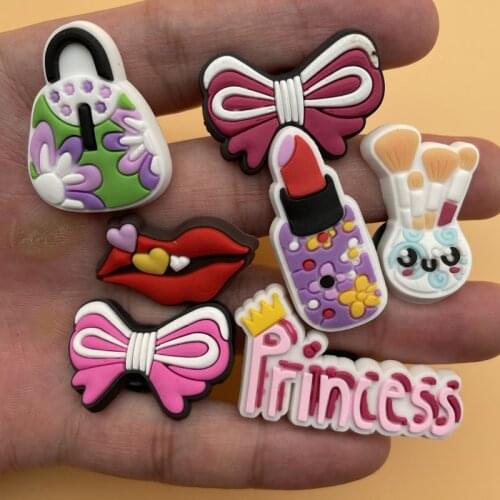 Free Shipping 1Pcs Shoe Charms Cartoon Bowknot Lipstick Bag Girls Like Fit Croc JIBZ Kids X-Mas Party Gifts 9P-8L-4