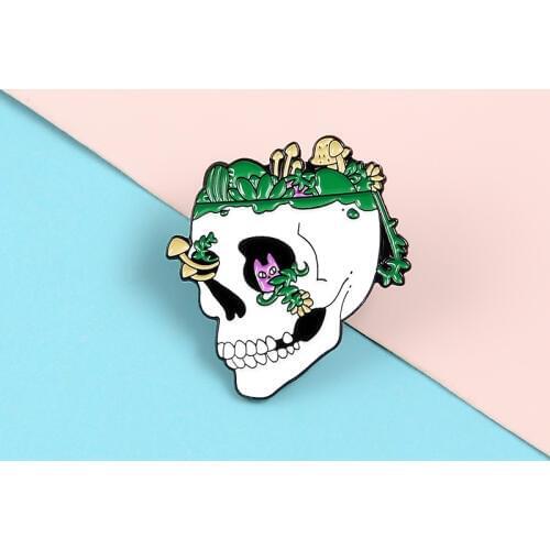 Punk Exaggerated Rebirth Bone Skull Mushroom Flowers Enamel Brooch Alloy Badge Cowboy Clothes Bag Pin Accessories Woman Jewelry