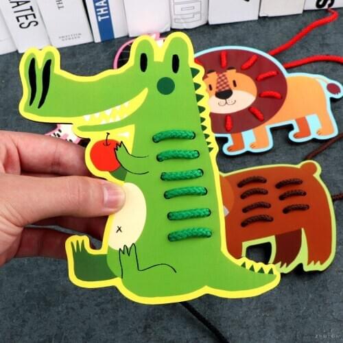 Baby Early Learn Dress Threading Animal Fruit Learning Toys Education Toys Button Lace up Montessori Baby Learning Toys for Gift