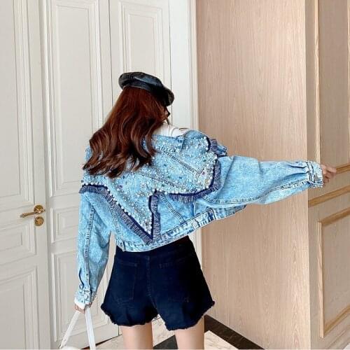 Fashion Heavy work Beaded Diamond Burrs Tassel Denim Jacket Female Streetwear Loose Long sleeve Spring Women Casual Jeans Jacket