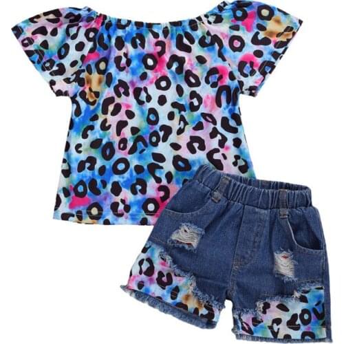 Summer Fashion Toddler Kid Baby Girl Short Sleeve Leopard print Tops Shirt Denim Short Pants Outfit Clothes Set 2PCS