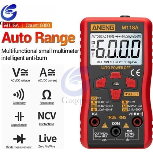 M118A AC/DC Digital Multimeter Amp Ohm Voltage Resistance Tester Meter ABS Battery Powered Smart Auto Range