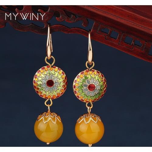 MYWINY copper jewelry 3 colors nature stones dangle ethnic shiny earrings vintage fashion cloisonne jewelry