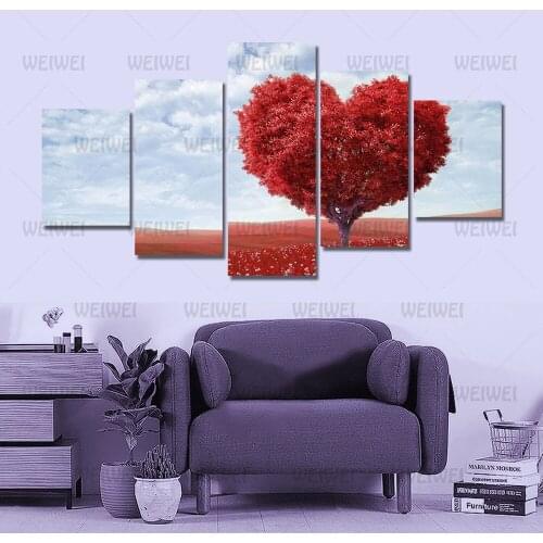 Landscape Five-Piece Canvas Painting Red Heart-Shaped Leaves Wall Picture Living Room Bedroom Decoration Art Posters and Prints