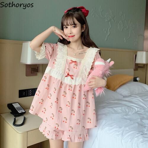 Pajama Sets Women Printed Trim Ruffled Bow Sweet Japanese Style One-size Home-wear Girls Fashion Loose Comfortable Casual Kawaii