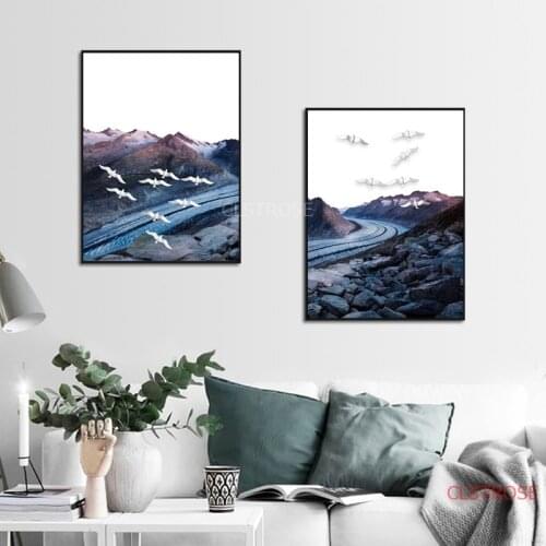 Nordic Minimalist Mountain And River Bird Landscape Painting Modern Home Decoration Wall Art Canvas Pictures For Living Room