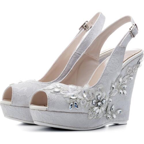 Sexy Flower Embroidery Rhinestone Decor Wedge Heels Sandals Back Strap Peep toe Lace Sandals Gladiator Ladies Floral Shoes