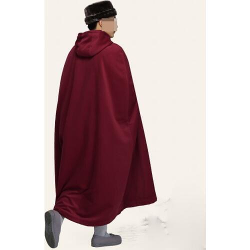 Unisex high quality winter warm Buddhist monks wool cape zen nun martial arts lay meditation cloak robe dark red