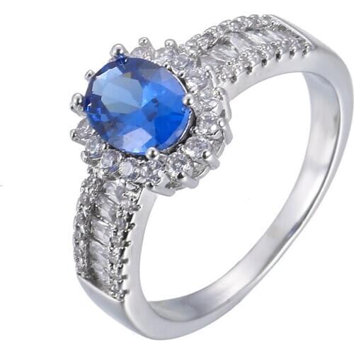 Women Rings Side Set Zircon Blue Large Zircon Silver Color Rings Fashion Glamour Banquet Engagement Rings Gift For Girlfriend