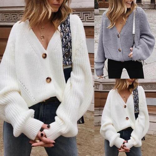 Chic Women Open Front Buttons Cardigan Long Sleeve Solid Color Knitted Sweate Puff Sleeve Deep V Neck Buttons Design Sweater Jum