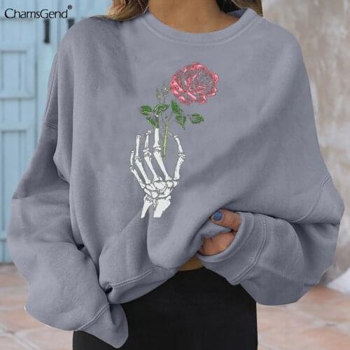 Women Casual Crewneck Sweatshirt Winter 2021 Clothes Harajuku Pullover Skull Red Rose Print Long Sleeve Halloween Sweatshirts