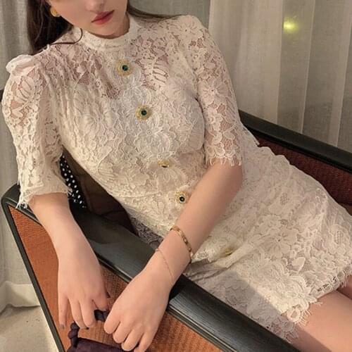 White Water-Soluble Lace Hollow Slim Midi Dress O-Neck Luxury Diamond Short Sleeve Elegant Women Summer Sexy Light Dress 2021