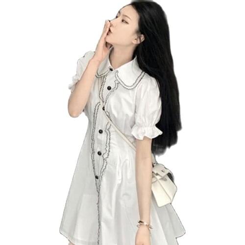 Lady Summer New Bellflower Mini Dress Single-Breasted Puff Sleeve Tutu Dress Solid Color French Fragrance Sweet Wind Skirt 2021