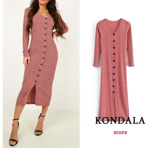 Za 2021 Women Chic Red Knitted Sweater Long Dress Long Sleeve V Neck Single Button Sheath Sexy Dress Elegant Mujer Vestidos