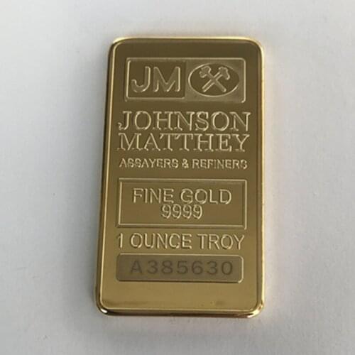 50 pcs Non magnetic The Johnson Matthey JM bullion bar 1 OZ 24K real gold plated ingot badge 50 mm x 28 mm home decoration coin