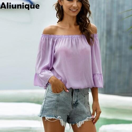 Aliunique New Loose Flared Sleeve Chiffon Shirt For Women 2021 Summer Leisure Vacation Travel Temperament Blouse Slash Neck Ins